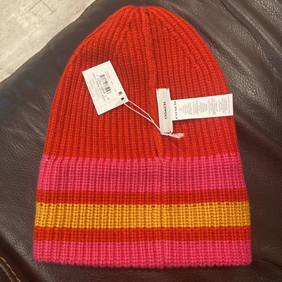 Unisex varsity wool blend Coach Pink and Orange Striped Knit beanie Hat OS - Picture 9 of 9
